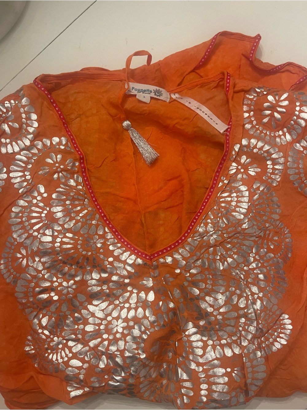 Poupette St. Barth Orange Tunic with Silver Metallic Print and Tassell Ties